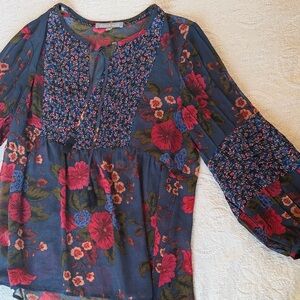 Daniel Rainn Navy Floral Blouse with Pink and Green Accents size M